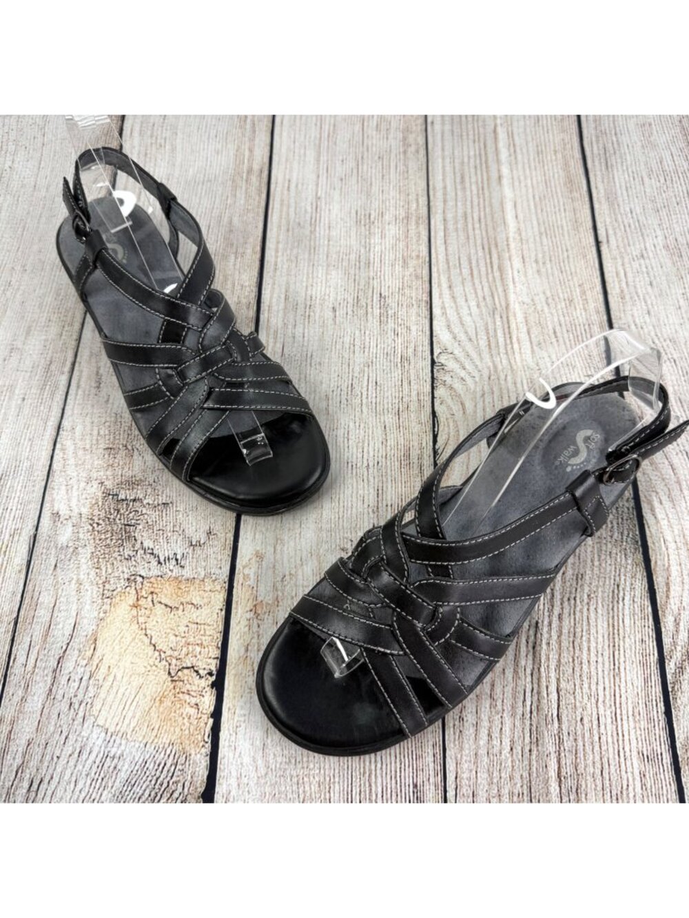 SoftWalk Black Leather Strappy Slingback Sandals White Contrast Stitching Sz 8M